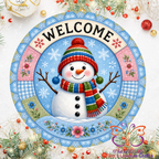Snowman Blue Quilted Round Metal Door Sign