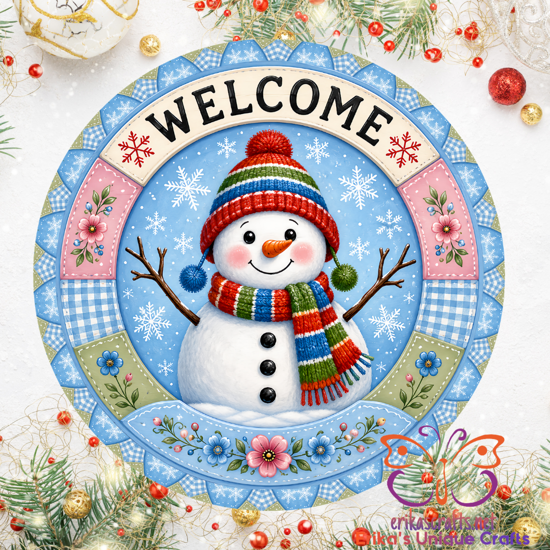 Snowman Blue Quilted Round Metal Door Sign