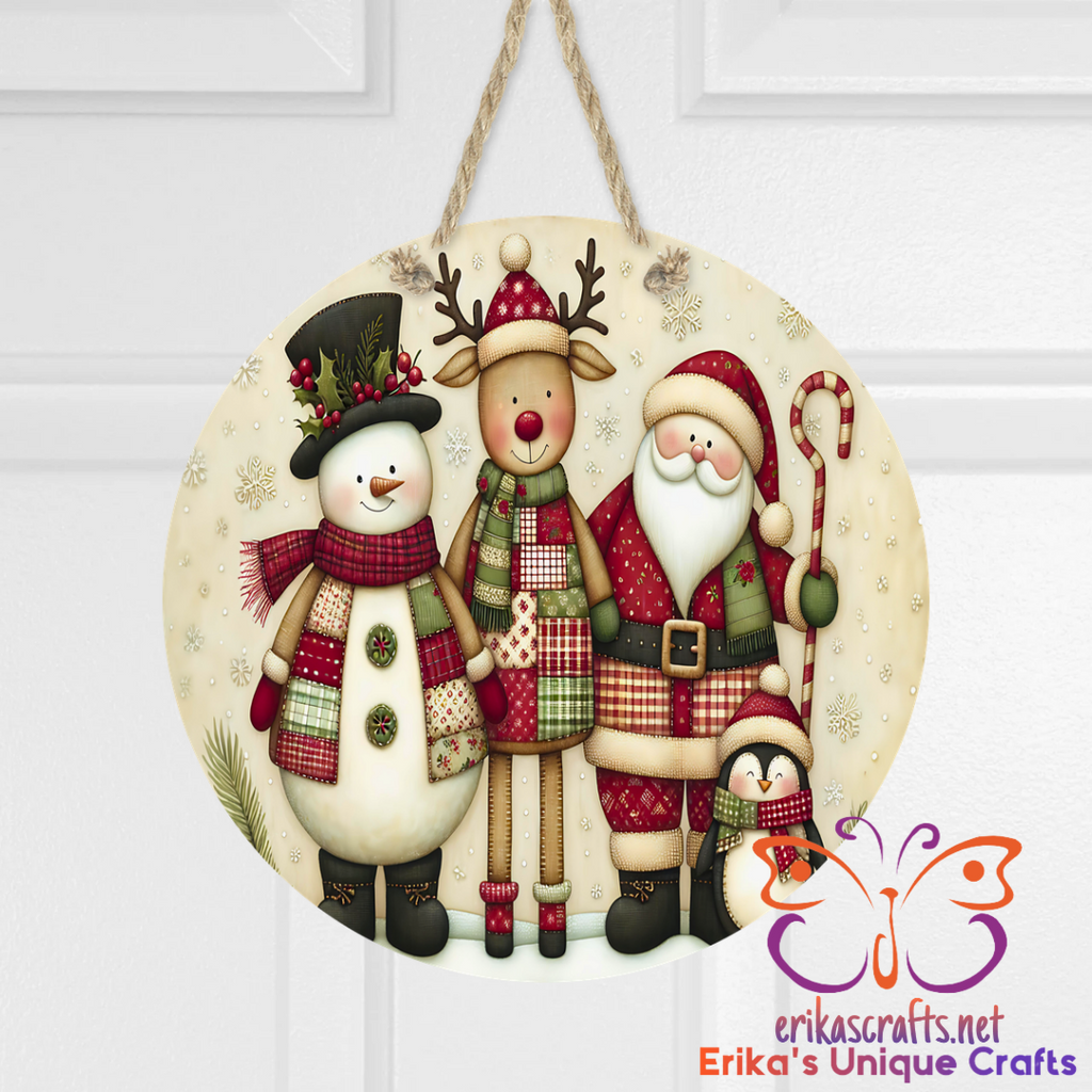 Snowman Santa Reindeer Vintage Round Metal Door Sign