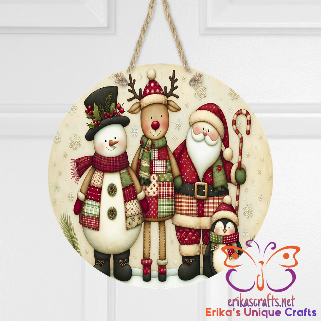 Snowman Santa Reindeer Vintage Round Metal Door Sign