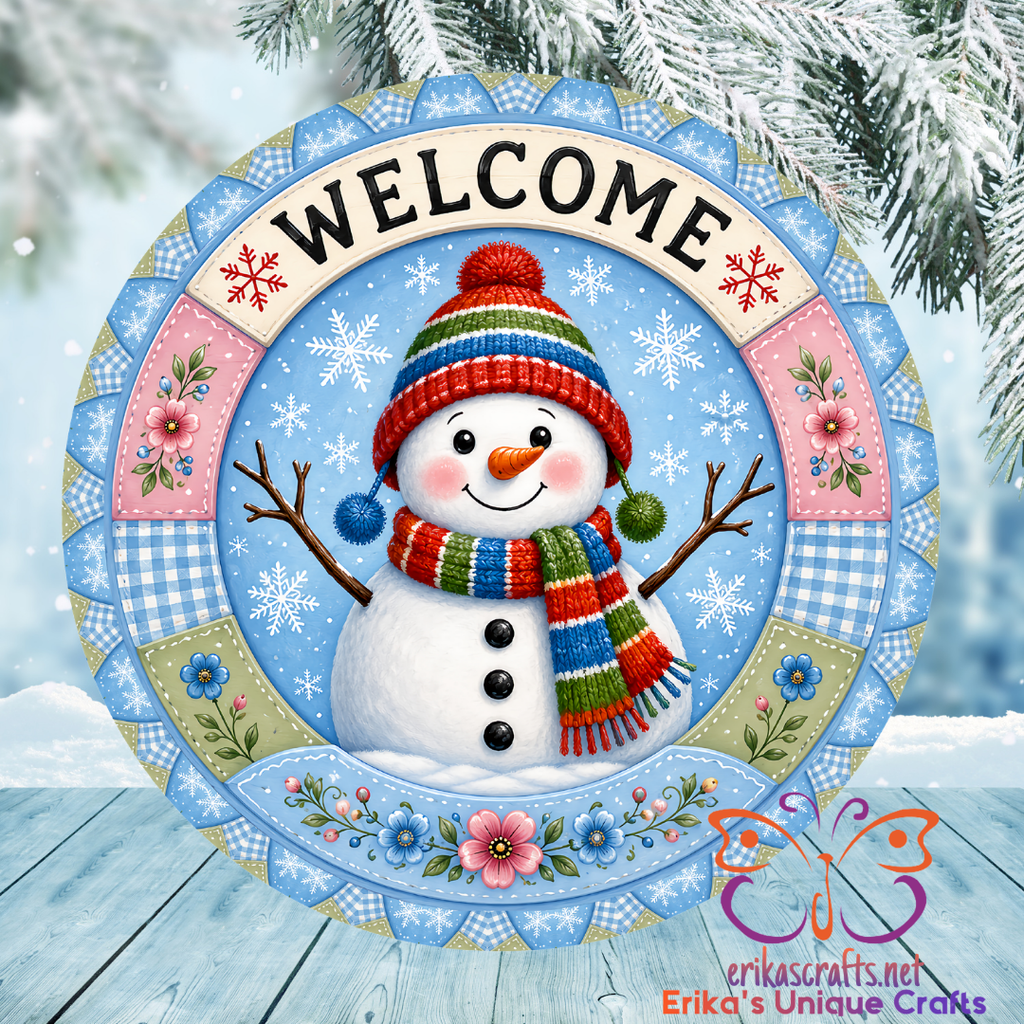 Snowman Blue Quilted Round Metal Door Sign