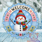 Snowman Blue Quilted Round Metal Door Sign