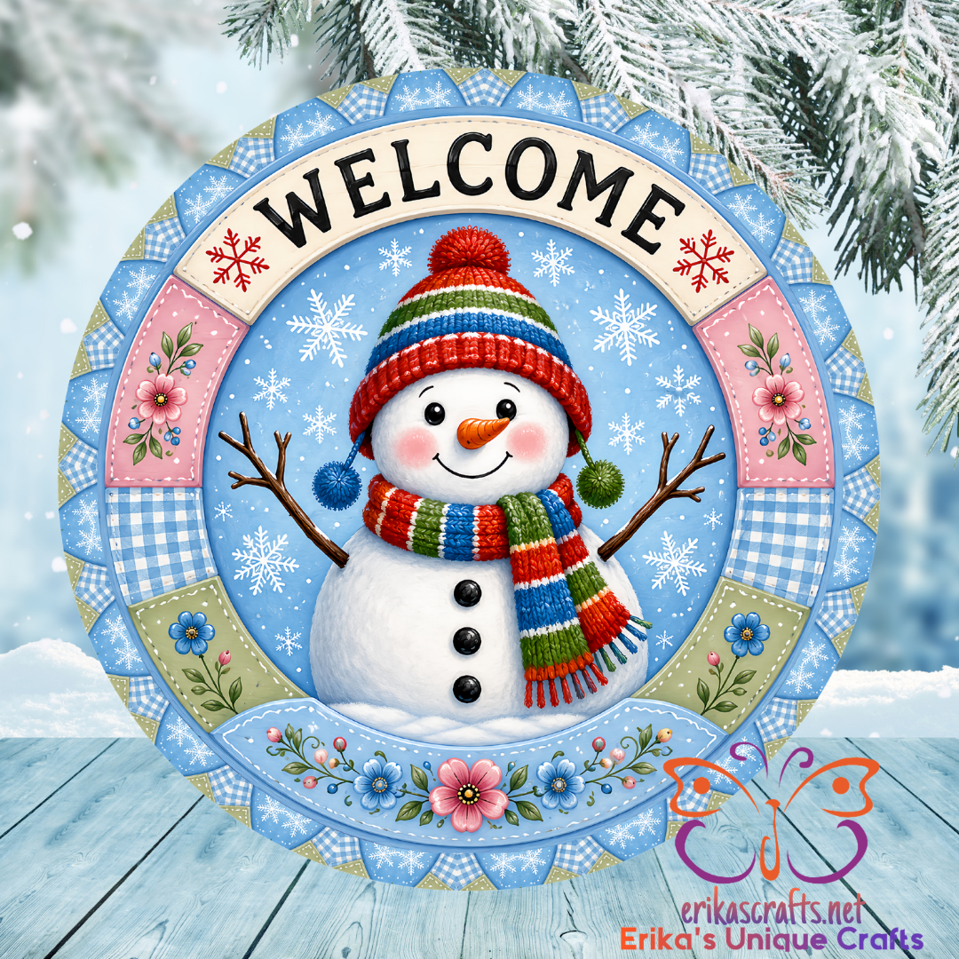 Snowman Blue Quilted Round Metal Door Sign