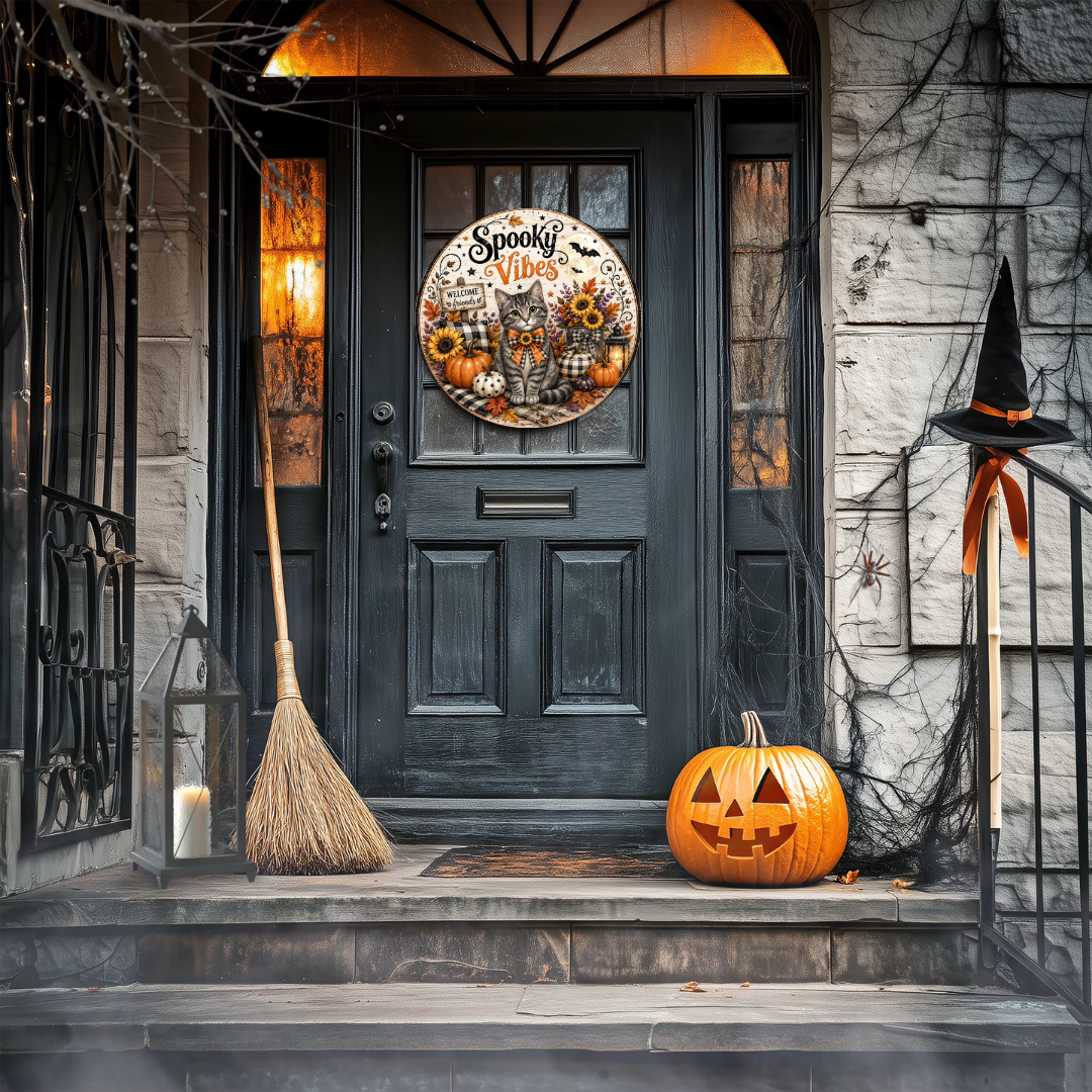 Spooky Vibes Gray Tabby Cat Metal Door Sign