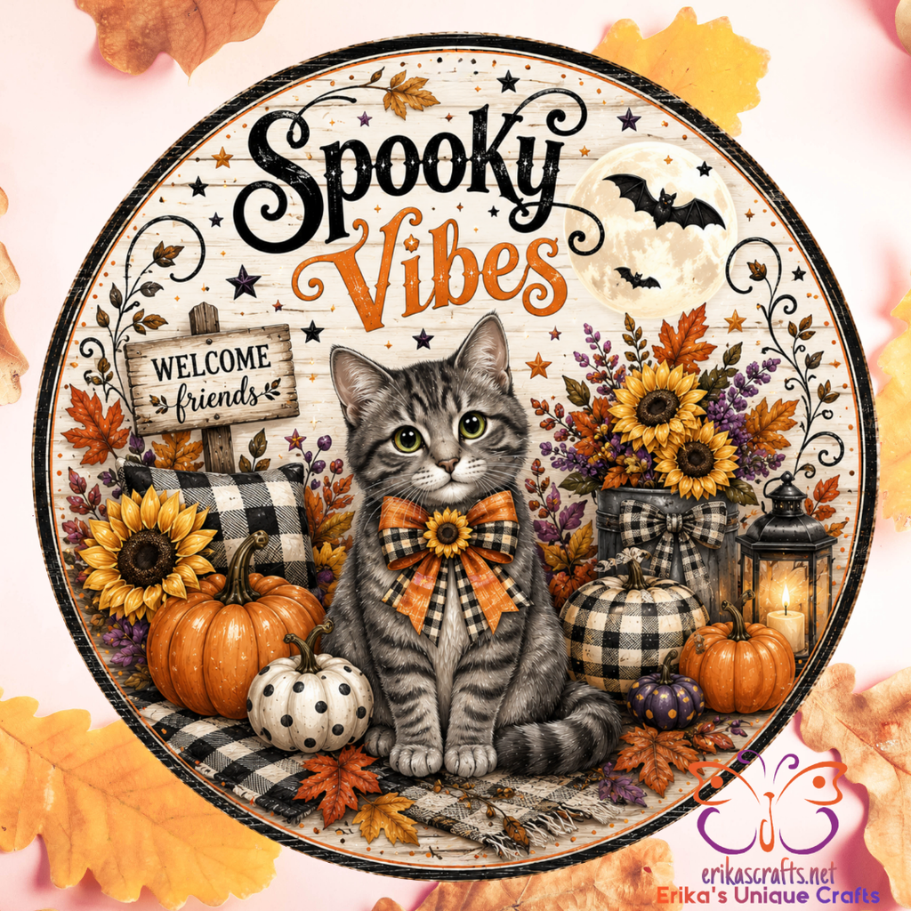 Spooky Vibes Gray Tabby Cat Metal Door Sign