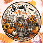 Spooky Vibes Gray Tabby Cat Metal Door Sign