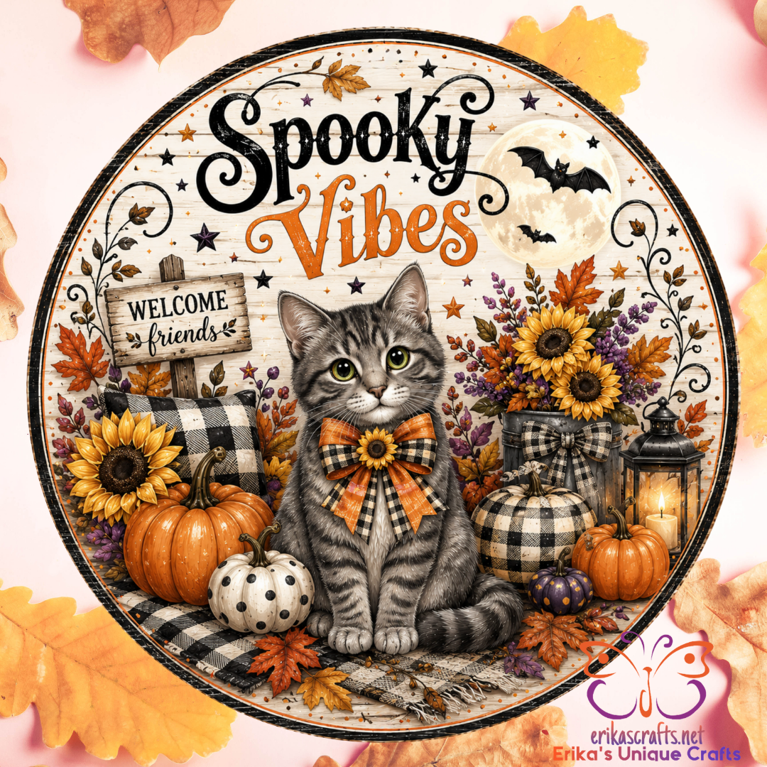 Spooky Vibes Gray Tabby Cat Metal Door Sign