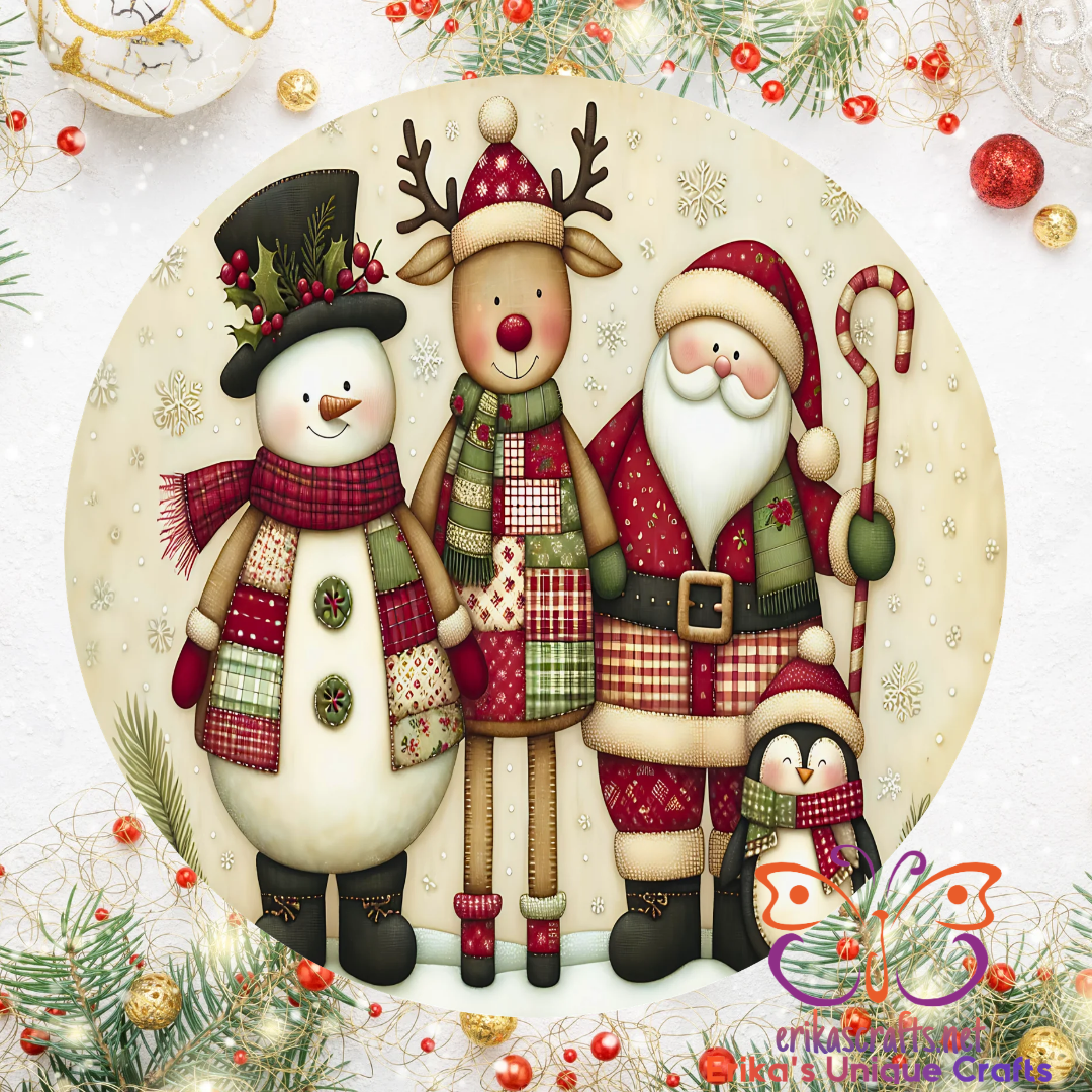 Snowman Santa Reindeer Vintage Round Metal Door Sign