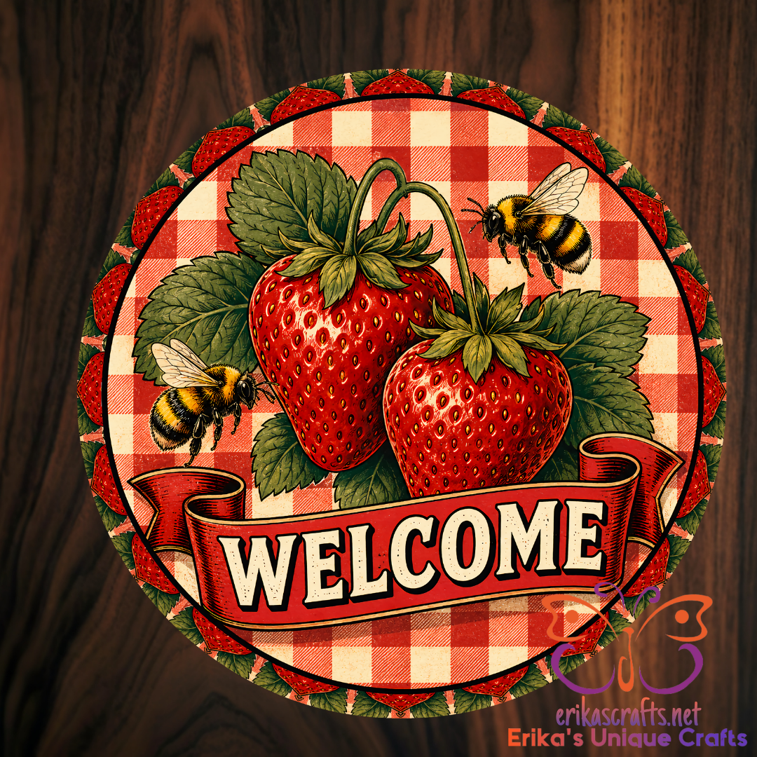 Strawberries and Bumblebees Metal Door Sign