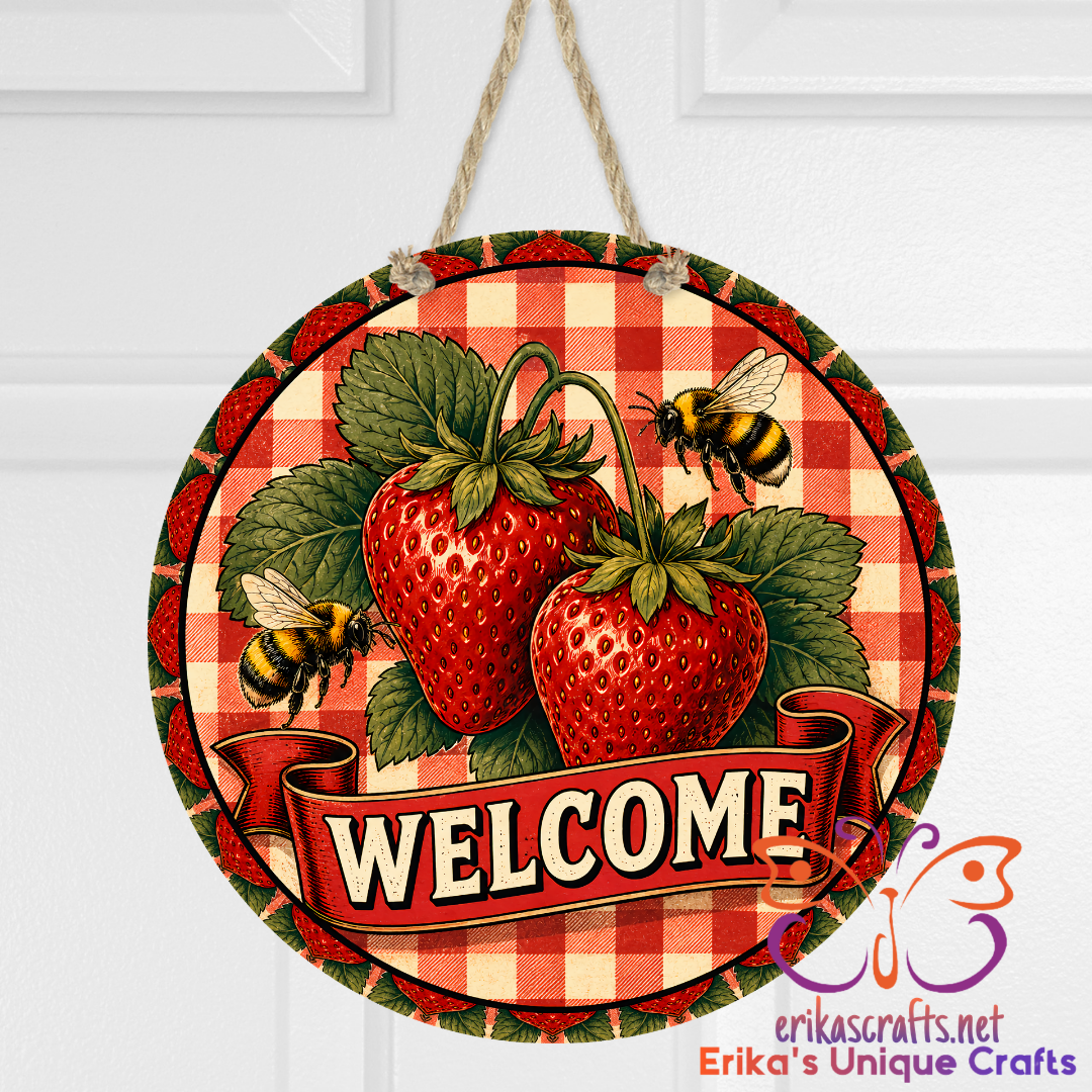 Strawberries and Bumblebees Metal Door Sign