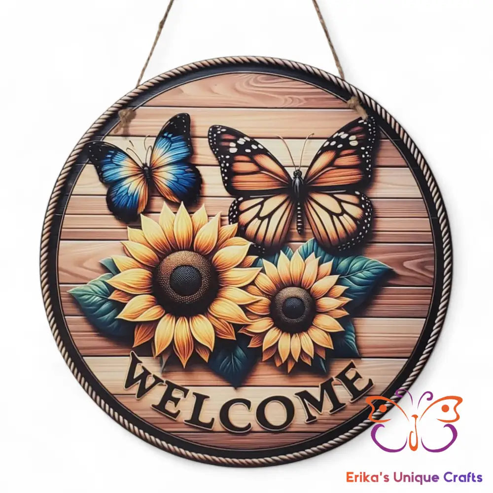 Sunflowers and Butterflies Welcome Round Hanging Door Sign Door Sign