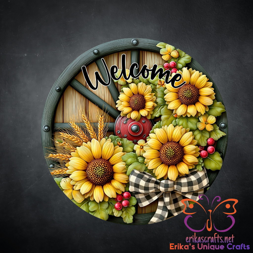 Wagon Wheel Sunflower Metal Door Sign