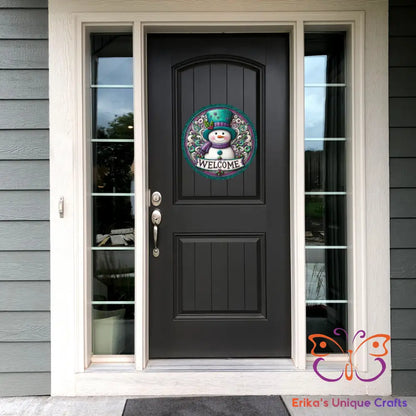 Teal Snowman Round Hanging Door Sign Door Sign