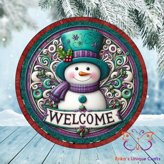 Teal Snowman Round Hanging Door Sign Door Sign