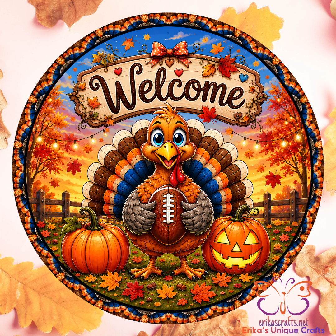 Fall Turkey and Football Metal Door Sign