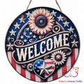 US Flag Welcome Sunflower Round Hanging Door Sign Door Sign