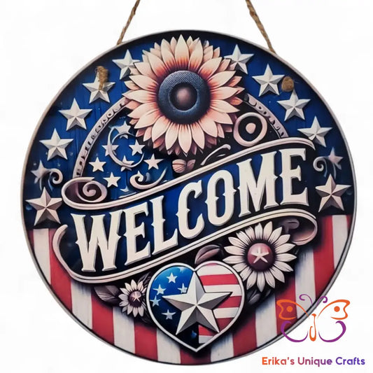 US Flag Welcome Sunflower Round Hanging Door Sign Door Sign