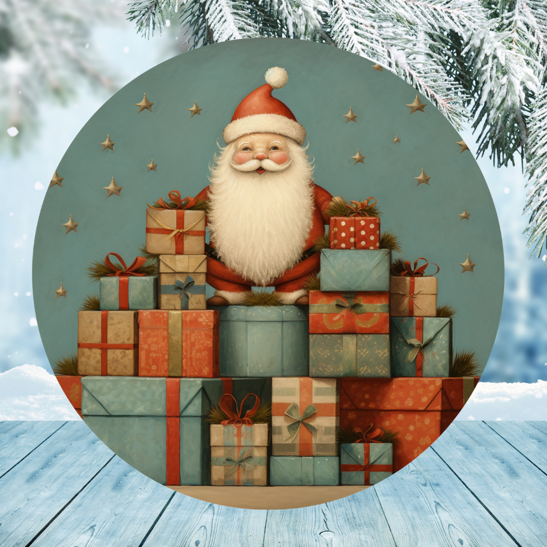 Vintage Santa and Presents Round Hanging Door Sign - Door