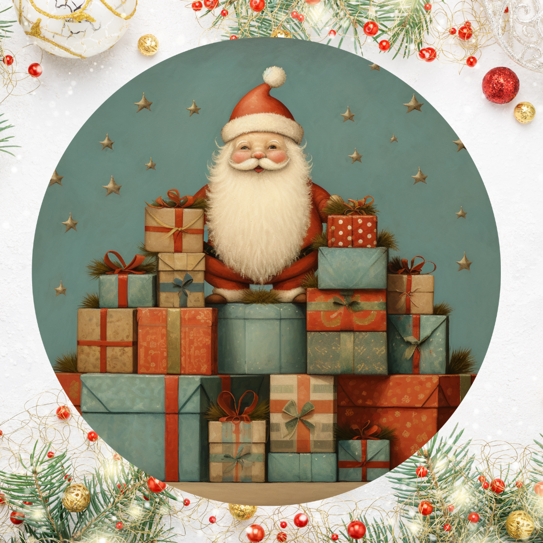 Vintage Santa and Presents Round Hanging Door Sign - Door