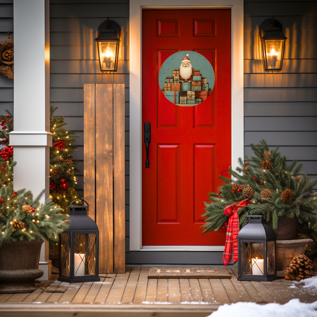 Vintage Santa and Presents Round Hanging Door Sign - Door