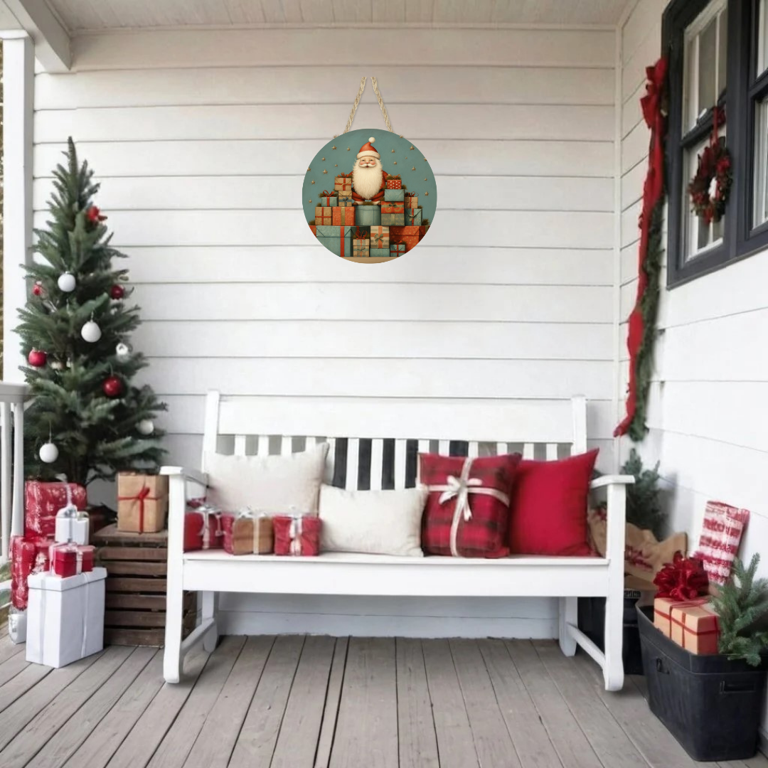 Vintage Santa and Presents Round Hanging Door Sign - Door