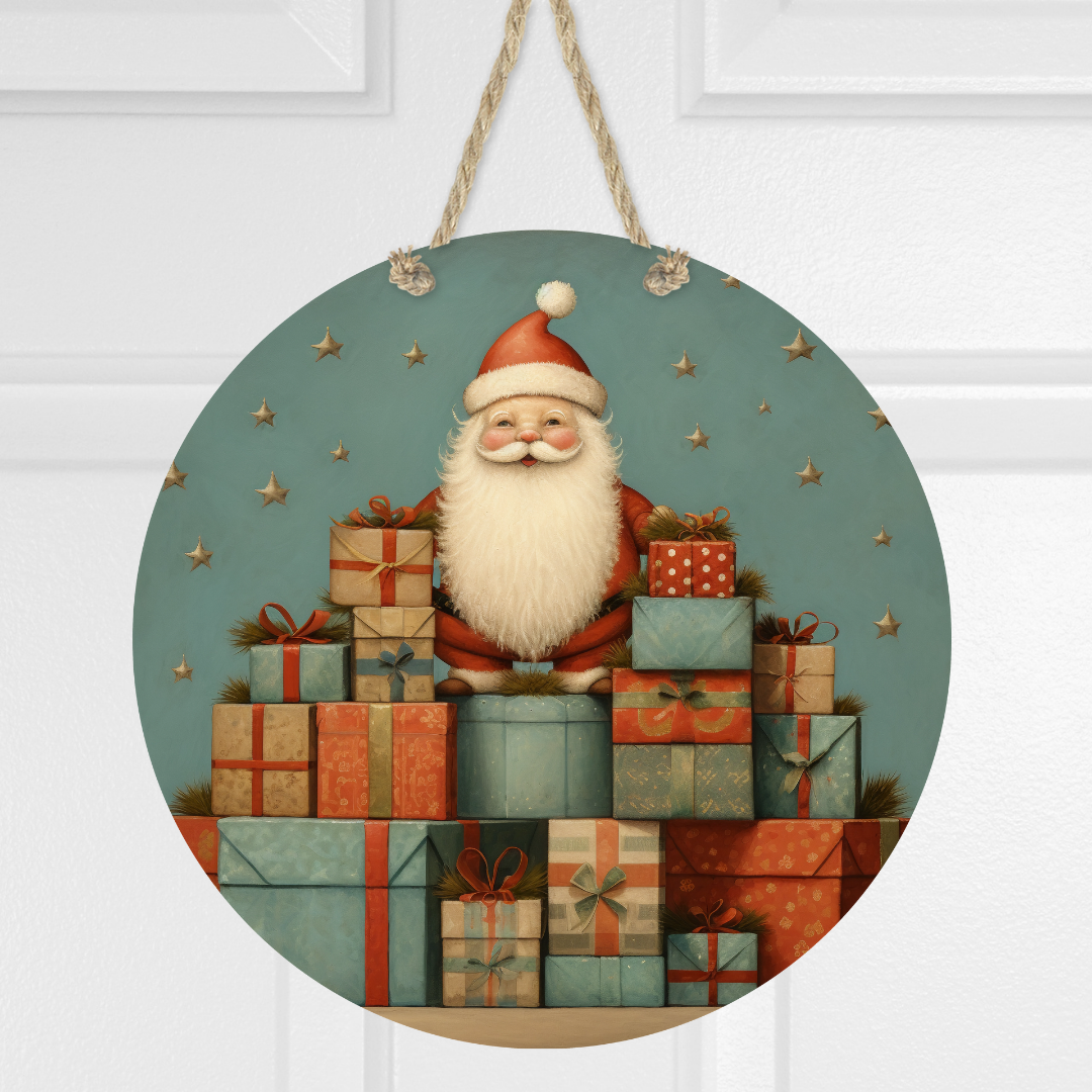 Vintage Santa and Presents Round Hanging Door Sign - Door