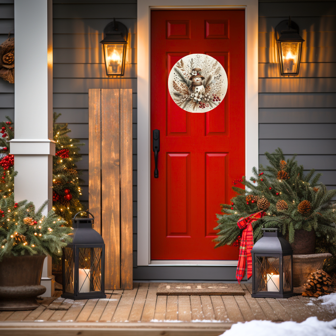 Vintage Snowman and Flowers Round Hanging Door Sign - Door