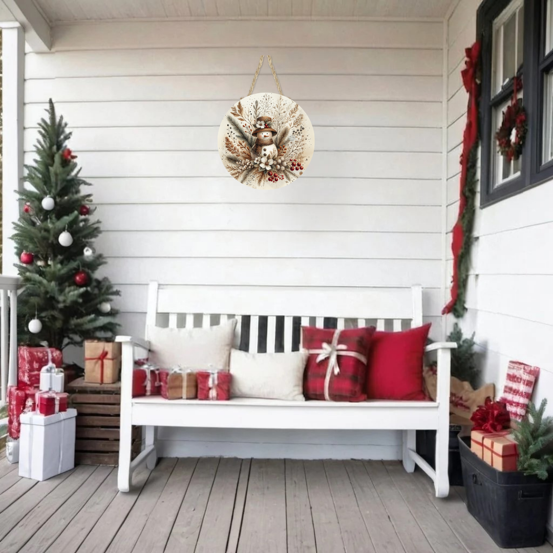 Vintage Snowman and Flowers Round Hanging Door Sign - Door