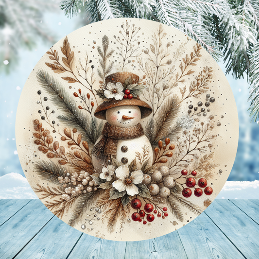 Vintage Snowman and Flowers Round Hanging Door Sign