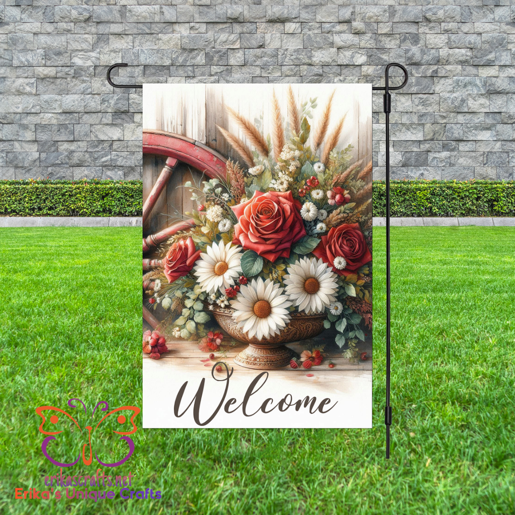 Wagon Wheel Floral Flag Garden Flag - Garden Flag