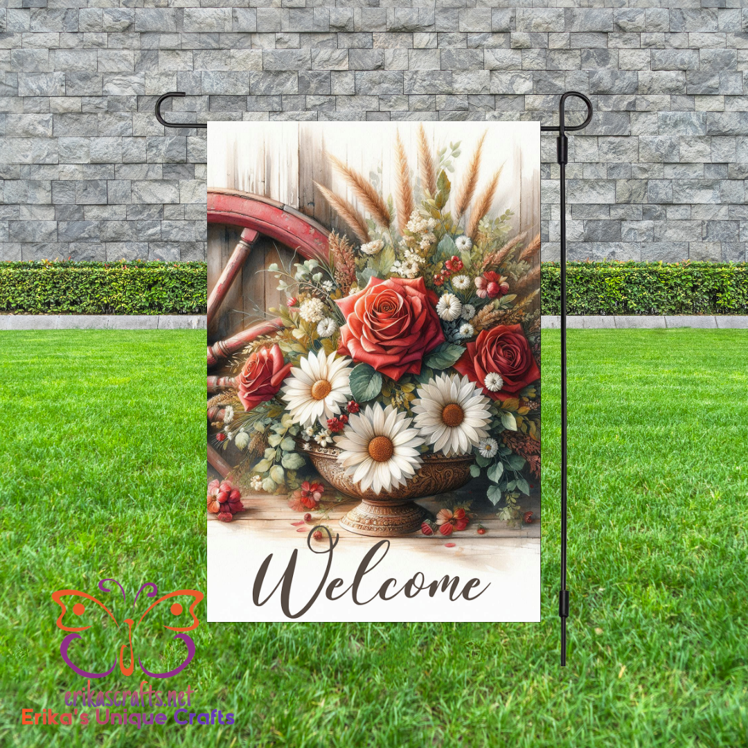 Wagon Wheel Floral Flag Garden Flag