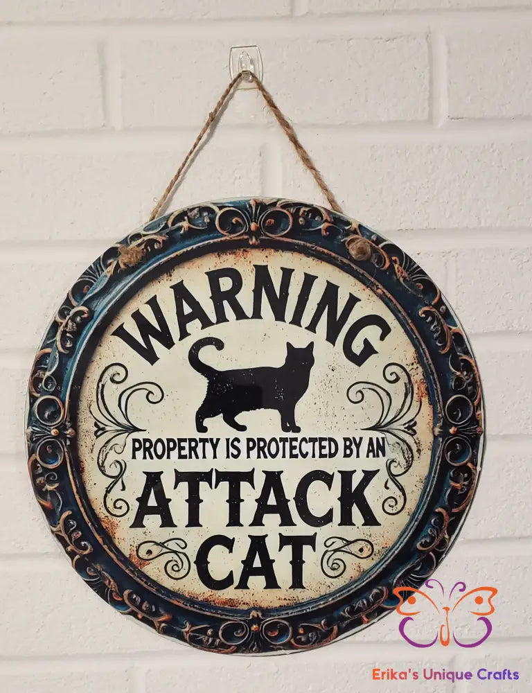 Warning Attack Cat Round Hanging Door Sign Door Sign