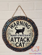Warning Attack Cat Round Hanging Door Sign Door Sign