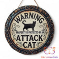 Warning Attack Cat Round Hanging Door Sign Door Sign