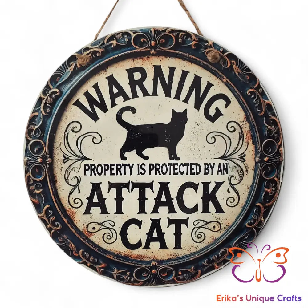 Warning Attack Cat Round Hanging Door Sign Door Sign