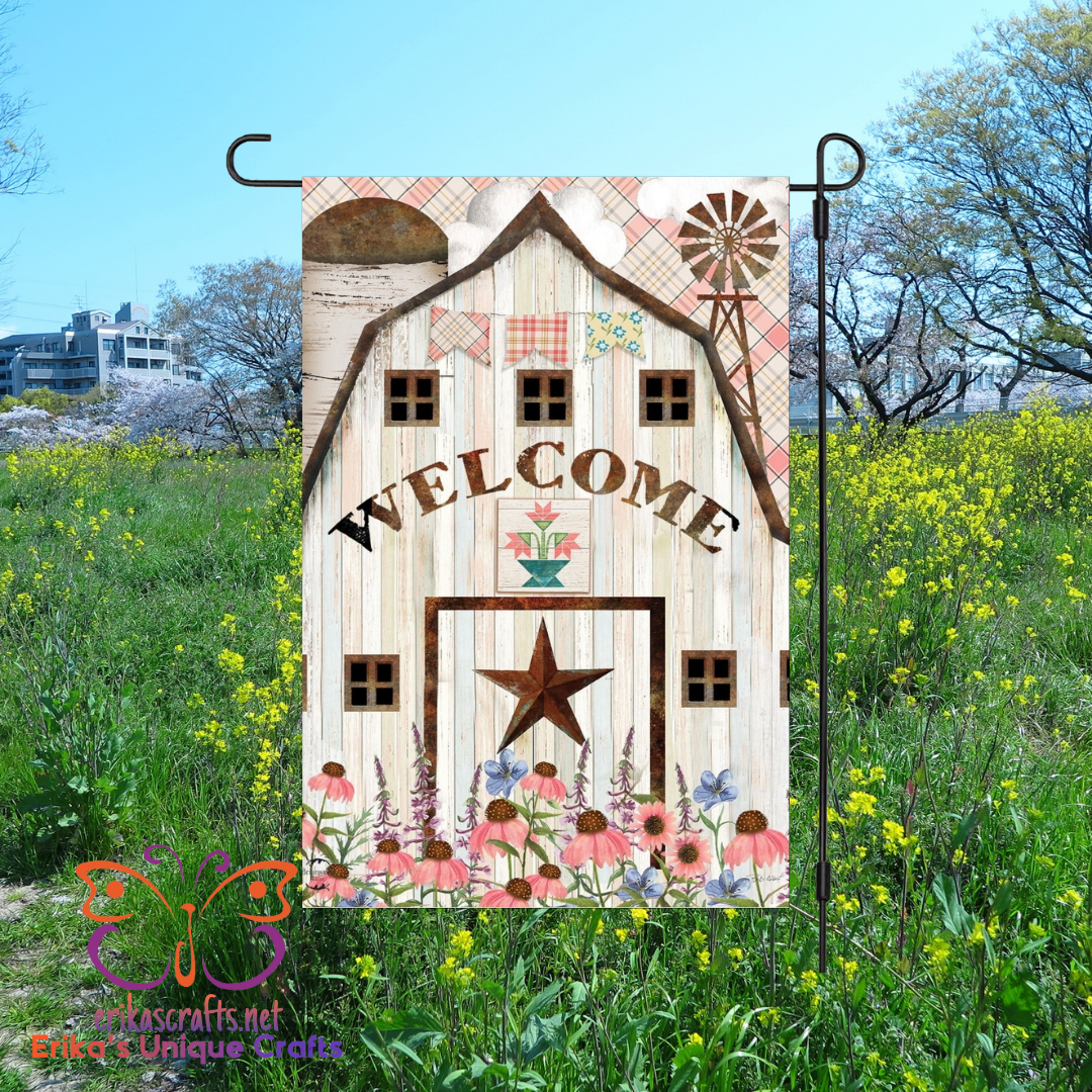 Primitive Welcome Barn Garden Flag