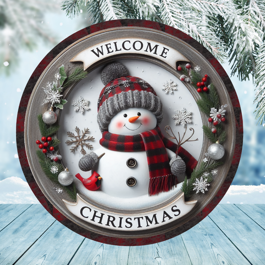 Welcome Christmas Snowman Round Hanging Door Sign - Door