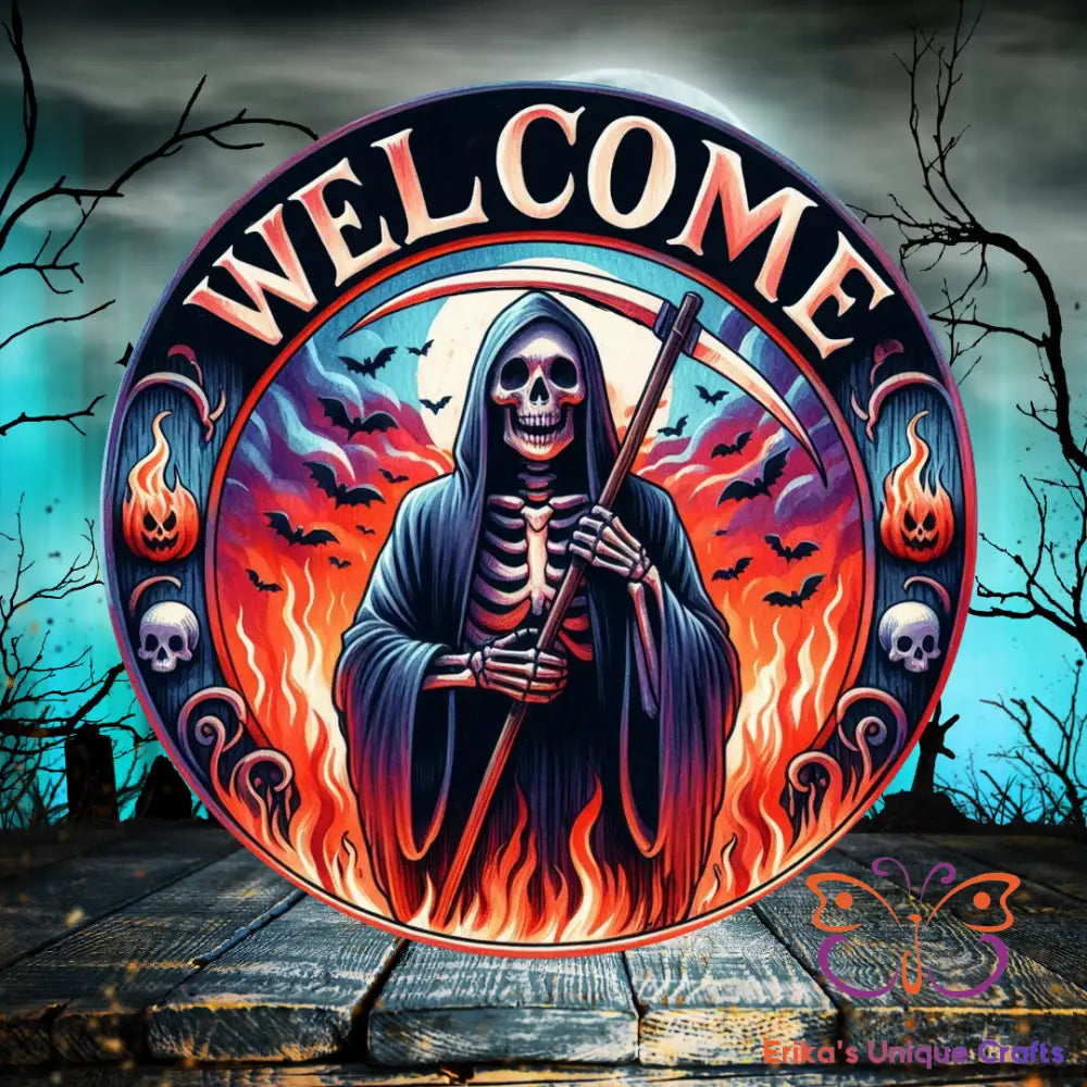 Welcome Halloween Reaper Round Hanging Door Sign Door Sign