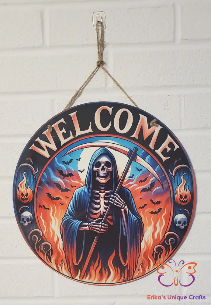 Welcome Halloween Reaper Round Hanging Door Sign Door Sign