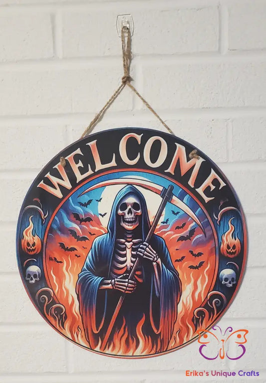 Welcome Halloween Reaper Round Hanging Door Sign Door Sign