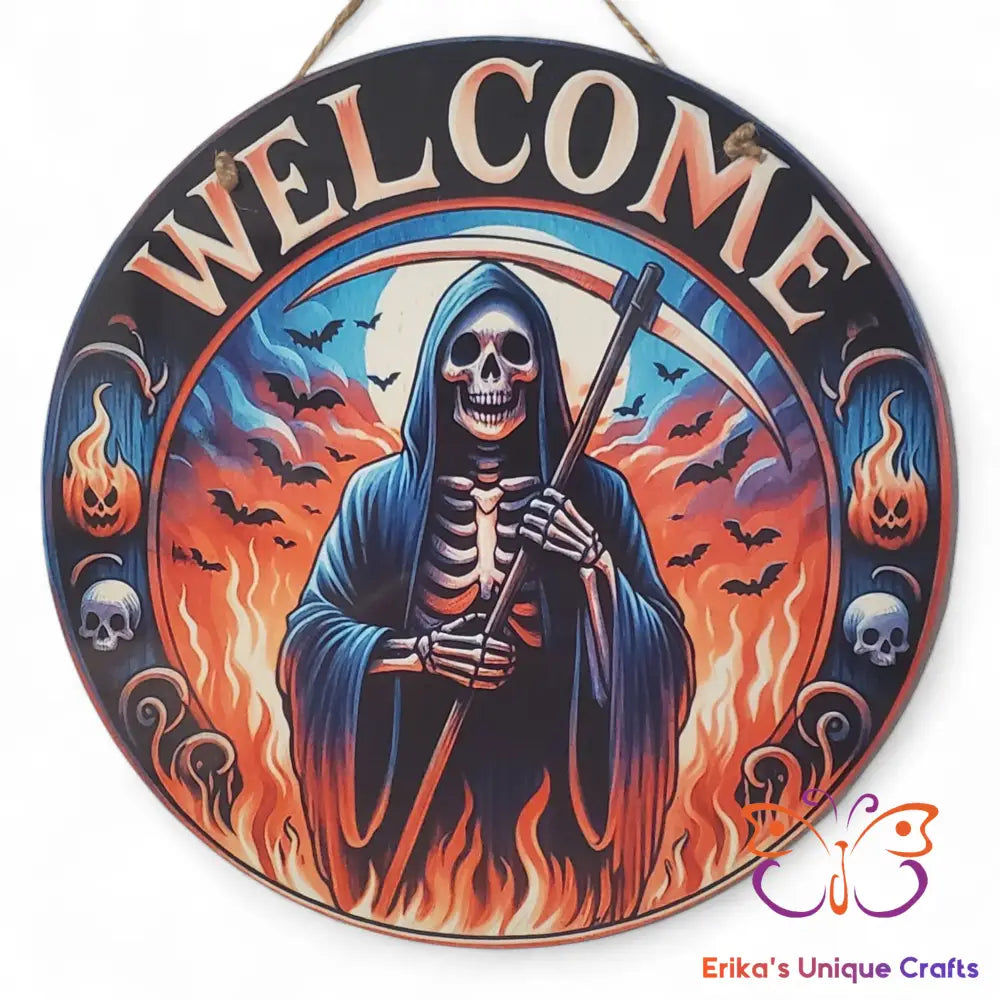Welcome Halloween Reaper Round Hanging Door Sign Door Sign