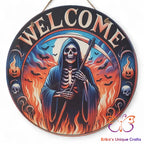 Welcome Halloween Reaper Round Hanging Door Sign Door Sign