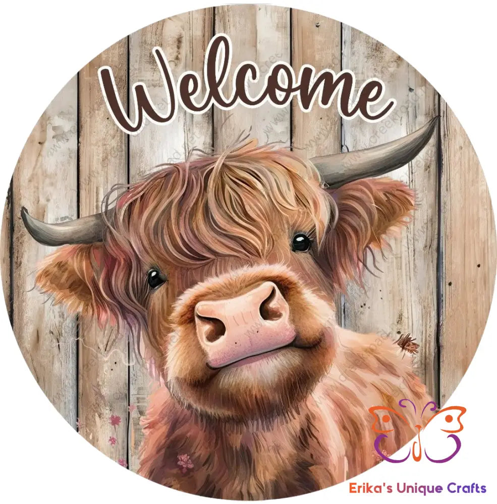 Welcome Highland Cow Round Hanging Door Sign Door Sign