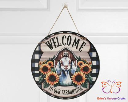 Welcome To Our Farmhouse Goat Round Hanging Door Sign Door Sign