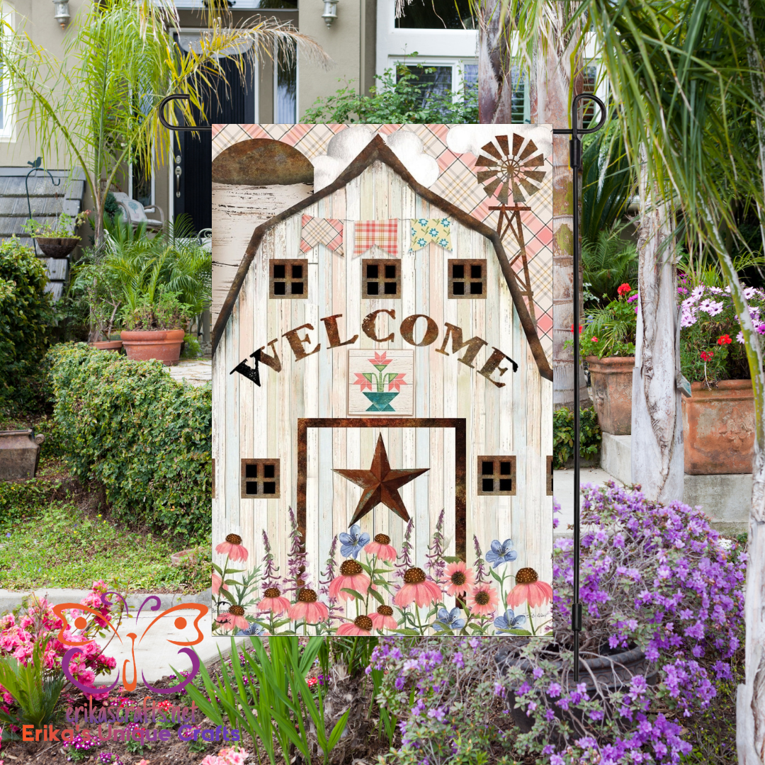 Primitive Welcome Barn Garden Flag