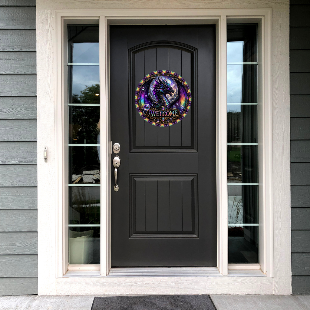 Welcome Dragon Round Metal Hanging Door Sign