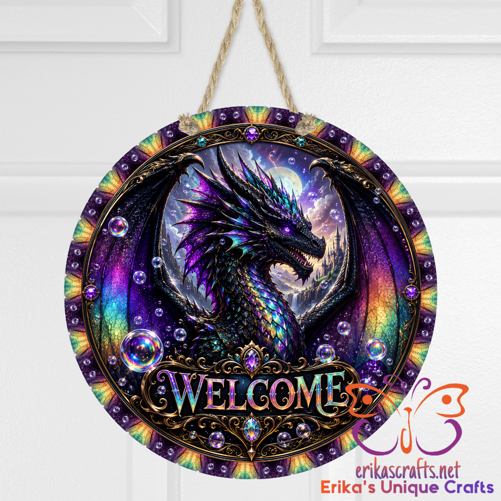 Welcome Dragon Round Metal Hanging Door Sign
