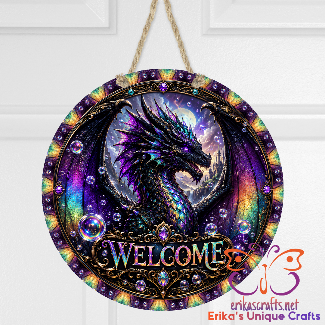 Welcome Dragon Round Metal Hanging Door Sign