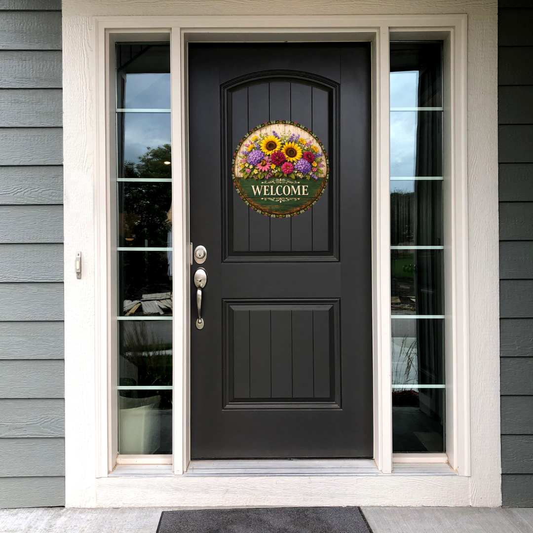Welcome Floral Wood Metal Door Sign