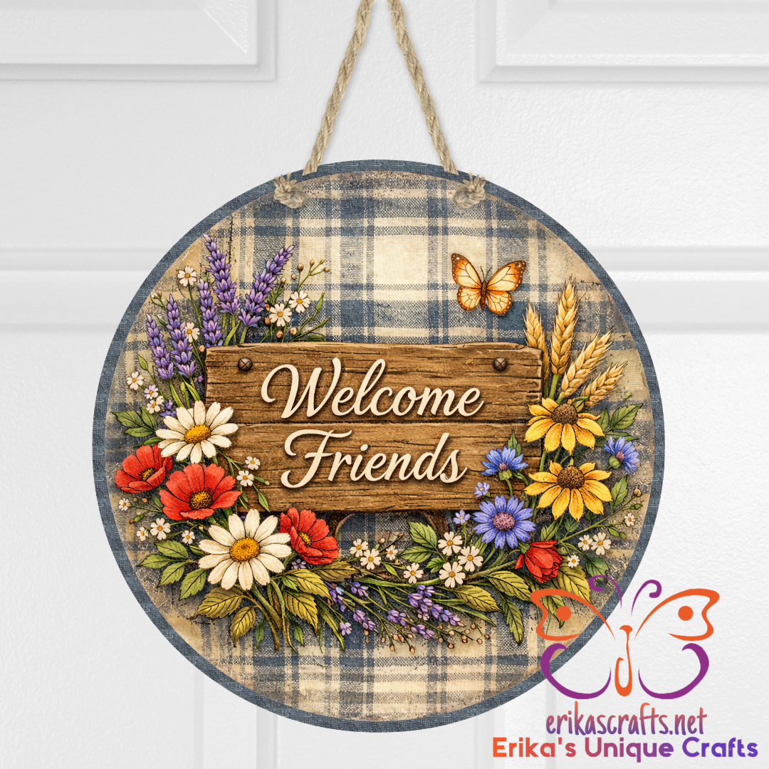 Welcome Friends Floral Plaid Door Sign